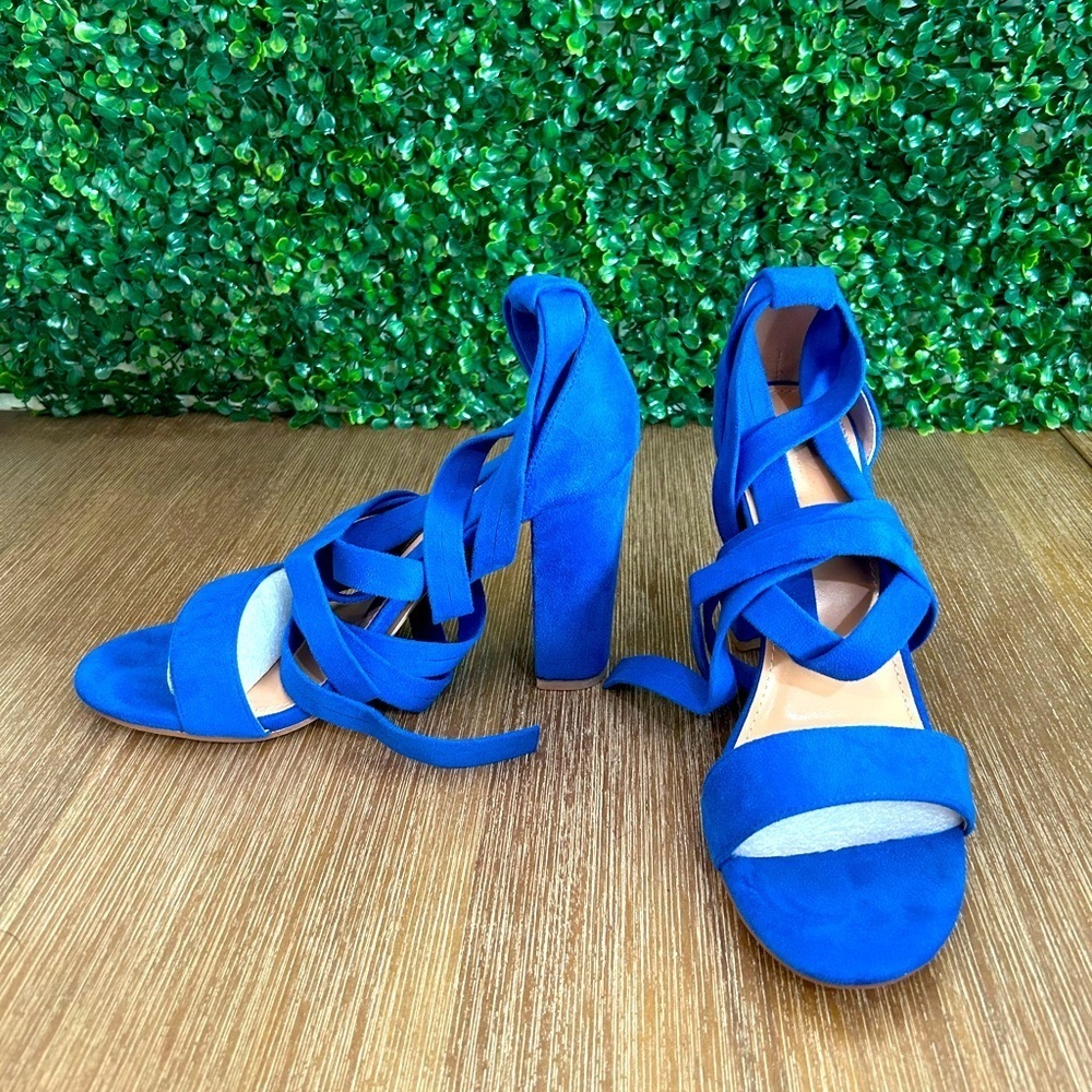 Bold Blue Lace-Up Block Heel Sandals Women’s 9 – Suede Strappy Party Shoes NEW - Picture 4 of 15